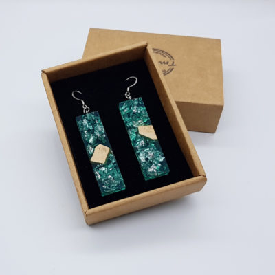 Resin earrings clear green ,straight with  silver leaf and olive wood