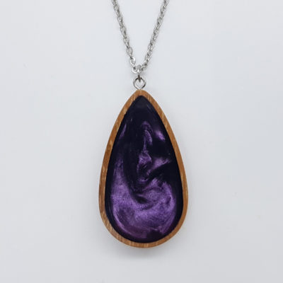 Resin necklace small, drop design in dark purple color with wooden bezel