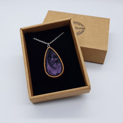 Resin pendant small, drop design in dark purple with wooden bezel