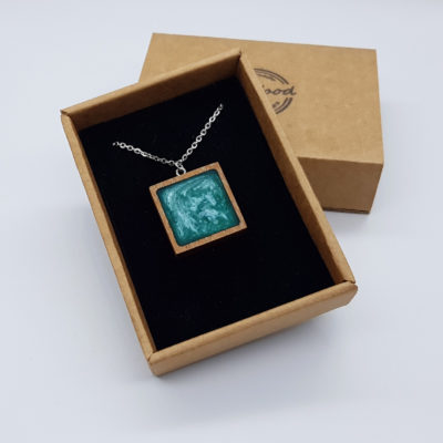 Resin pendant small, square design in turquoise with wooden bezel