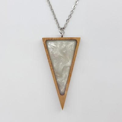 Resin necklace small, triangle design in white color with wooden bezel