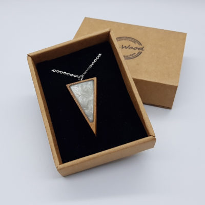 Resin pendant small, triangle design in white with wooden bezel