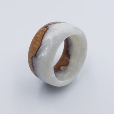 Resin ring in white  color with wood