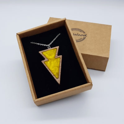 Resin pendant small, double triangle design in yellow with wooden bezel