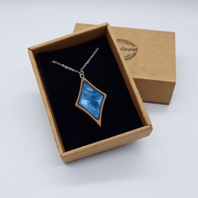 Resin pendant small, rhombus in light blue with wooden bezel