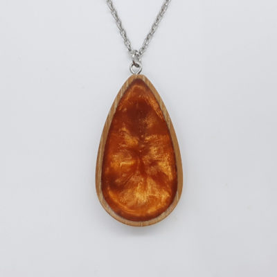 Resin necklace small, drop design in orange color with wooden bezel