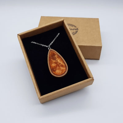 Resin pendant small, drop design in orange with wooden bezel
