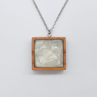 Resin necklace small, square design in white color with wooden bezel