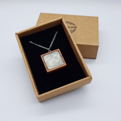 Resin pendant small, square design in white with wooden bezel