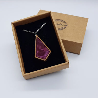 Resin necklace small, triangular rhombus design in purple with wooden bezel
