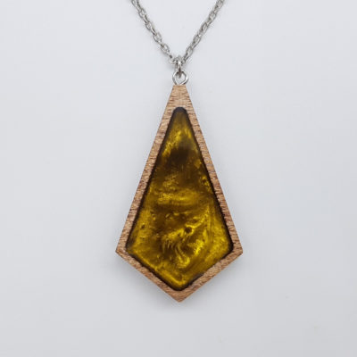 Resin necklace small,  triangular rhombus design in gold color with wooden bezel