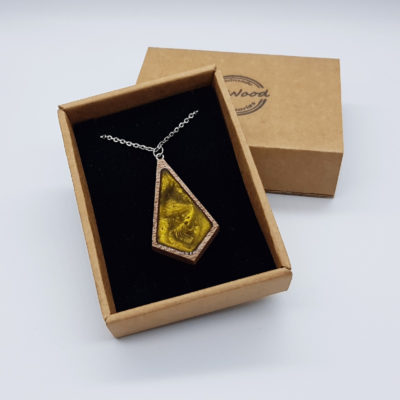 Resin necklace small,  triangular rhombus design in gold with wooden bezel
