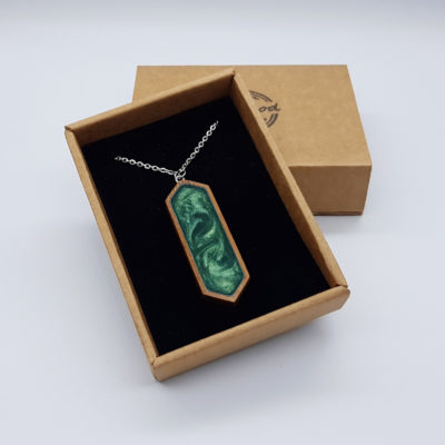 Resin pendant small, straight pointed design in green with wooden bezel