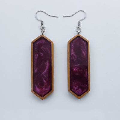 Resin earrings, straight pointed in purple color with wooden bezel