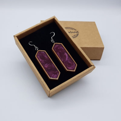 Resin earrings, straight pointed in purple with wooden bezel
