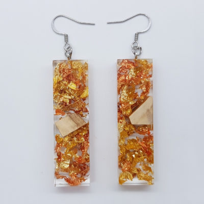 Resin earrings, straight with precious copper, gold leaf and olive wood