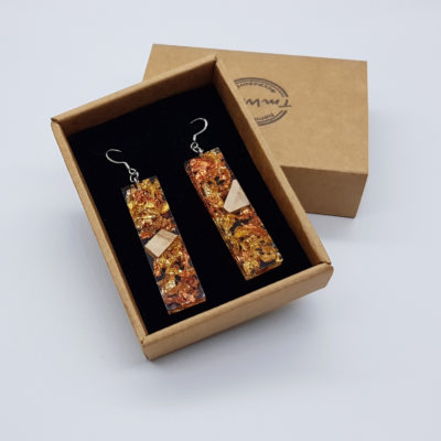 Resin earrings, straight with  copper, gold leaf and olive wood