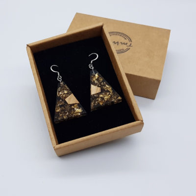 Resin earrings clear black, inverted triangles with  gold leaf and olive wood