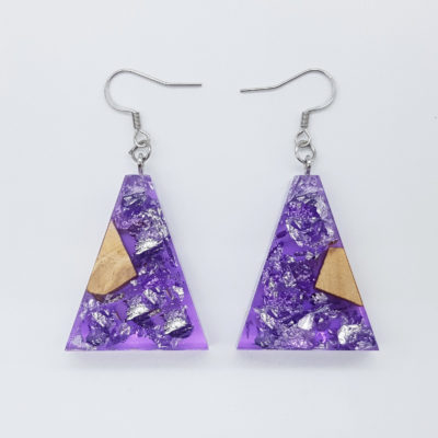 Resin earrings clear purple, inverted triangles with precious silver leaf and olive wood