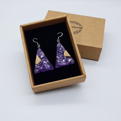 Resin earrings clear purple, inverted triangles with  silver leaf and olive wood