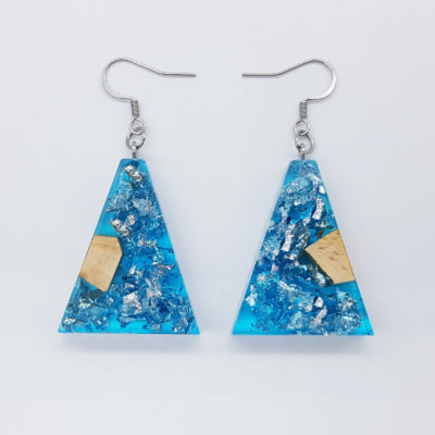 Resin earrings clear blue, inverted triangles with precious silver leaf and olive wood