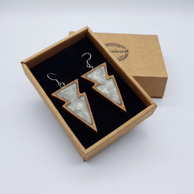 Resin earrings, double triangles in white with wooden bezel