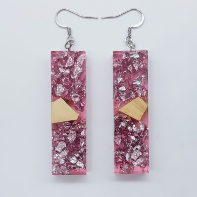 Resin earrings clear pink, straight with precious silver leaf and olive wood