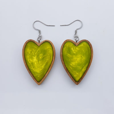 Resin earrings, heart in lime color with wooden bezel