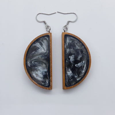 Resin earrings, crescent moons in grey color with wooden bezel