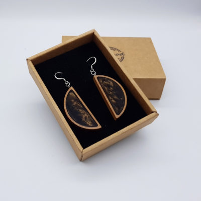 Resin earrings, crescent moons in brown with wooden bezel