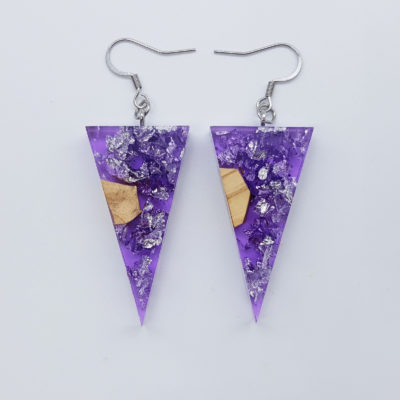 Resin earrings clear purple, triangles with precious silver leaf and olive wood