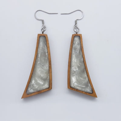 Resin earrings,unequal rectangular in white color with wooden bezel