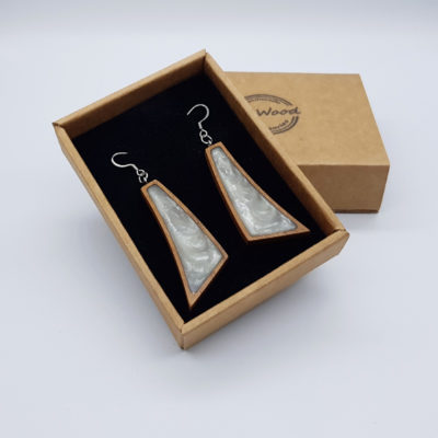Resin earrings, unequal rectangular in white with wooden bezel