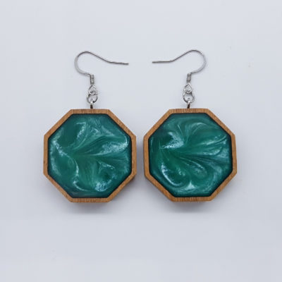 Resin earrings,  polygons in turquoise color with wooden bezel