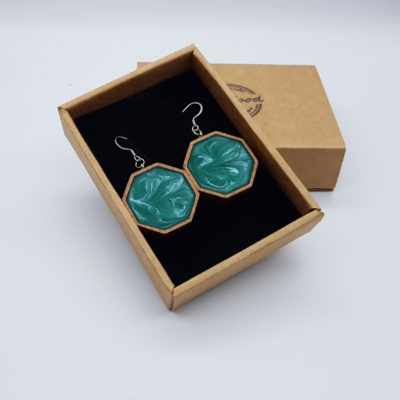 Resin earrings, polygons in turquoise with wooden bezel