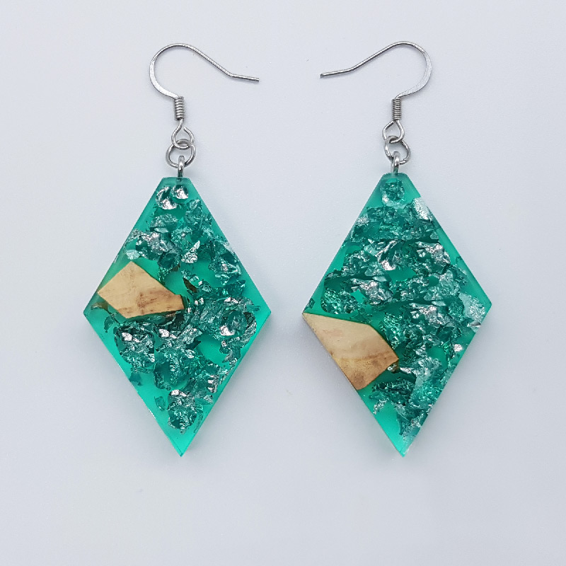 Resin earrings clear green, rhombus with precious silver leaf and olive wood