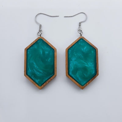Resin earrings, long rhombus in bright green color with wooden bezel