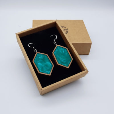 Resin earrings, long rhombus in bright green with wooden bezel