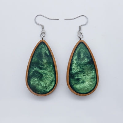 Resin earrings, drops in green color with wooden bezel