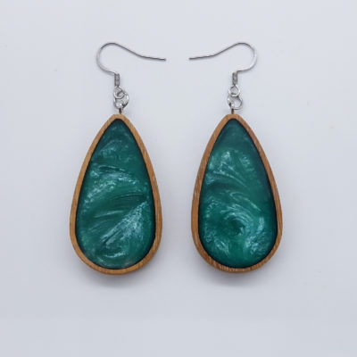 Resin earrings, drops in turquoise color with wooden bezel