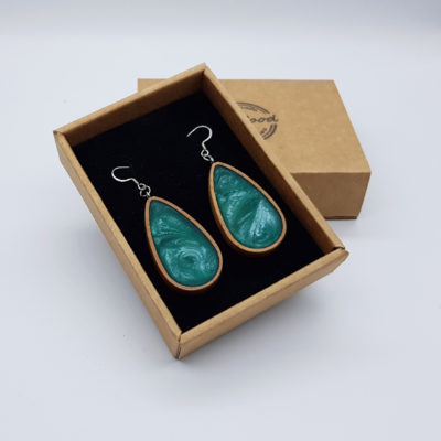 Resin earrings, drops in turquoise with wooden bezel
