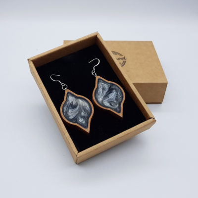 Resin earrings, rounds pointed in grey with wooden bezel