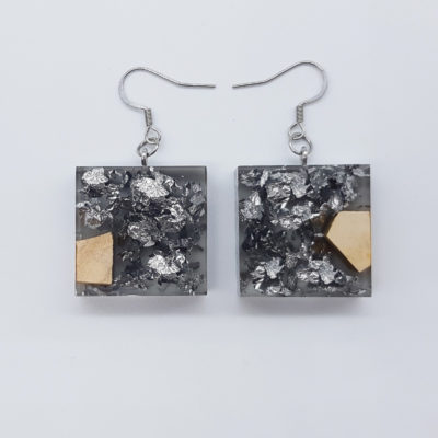 Resin earrings clear black, squares with precious silver leaf and olive wood