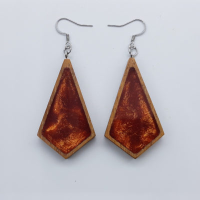 Resin earrings,  triangular rhombus in orange color with wooden bezel