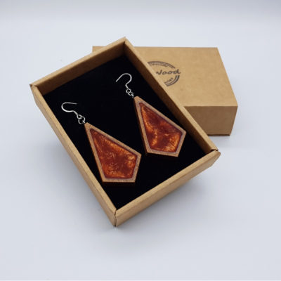 Resin earrings,  triangular rhombus in orange with wooden bezel