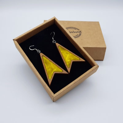 Resin earrings, triangles pointed in yellow with wooden bezel