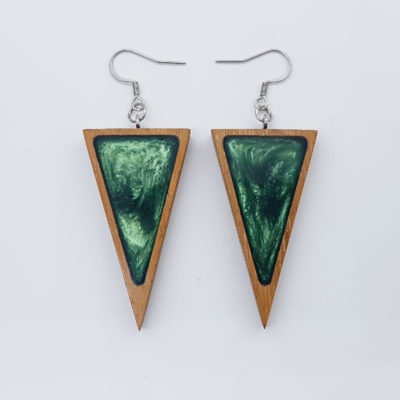 Resin earrings,  triangles in green color with wooden bezel