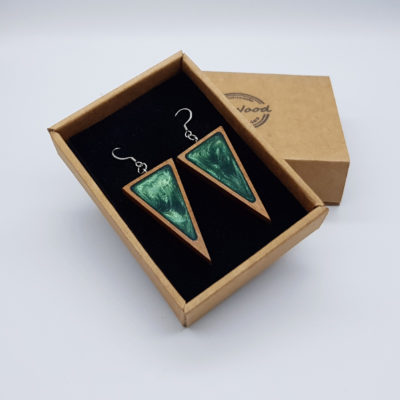 Resin earrings,  triangles in green with wooden bezel
