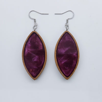 Resin earrings, leaves in purple color with wooden bezel