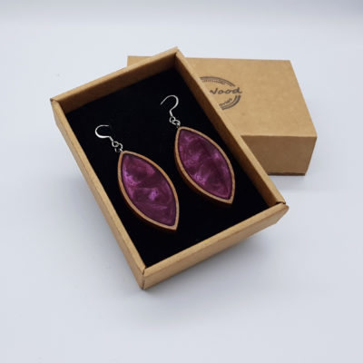 Resin earrings, leaves in purple with wooden bezel